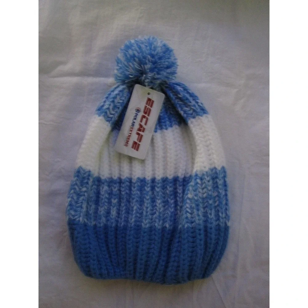 NEW Escape Polar Extreme Winter Knit Hat Beanie Tuk Blue White Knit PomPom Adult